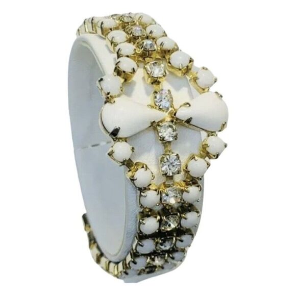 Vintage White Faceted Prong Beaded Shimmer Rhinestone Gold Tone Bracelet 7.5 - Picture 3 of 9
